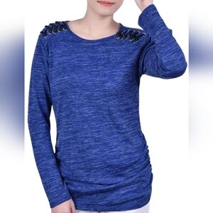 NY Collection Women's Blue Long Sleeve Ruched Sides Pullover Top Size Medium